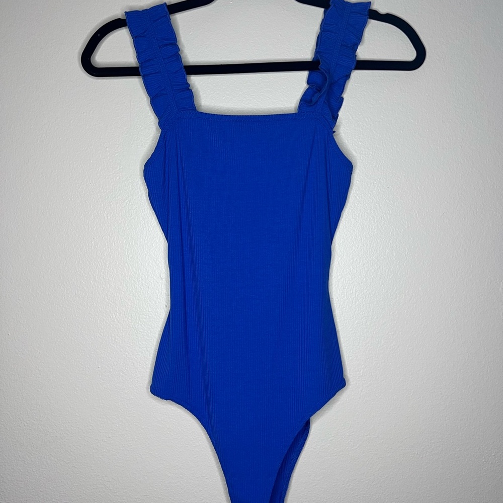 Le Lis Electric Blue Ruffled Strap Ribbed Bodysuit